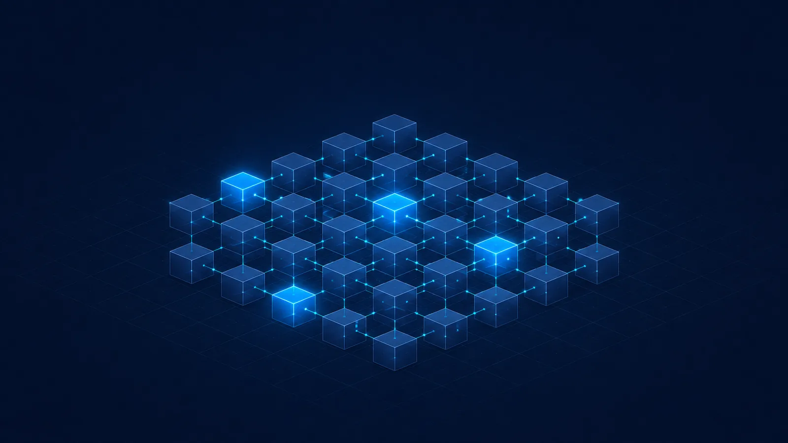Abstract isometric grid of translucent server-node cubes on a deep navy background, a few nodes glowing electric cyan to suggest active data flow across a hyperconverged cluster.
